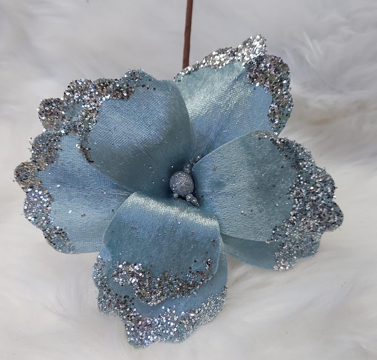 Flori Crăciun bleu cu margine argintie 10/set